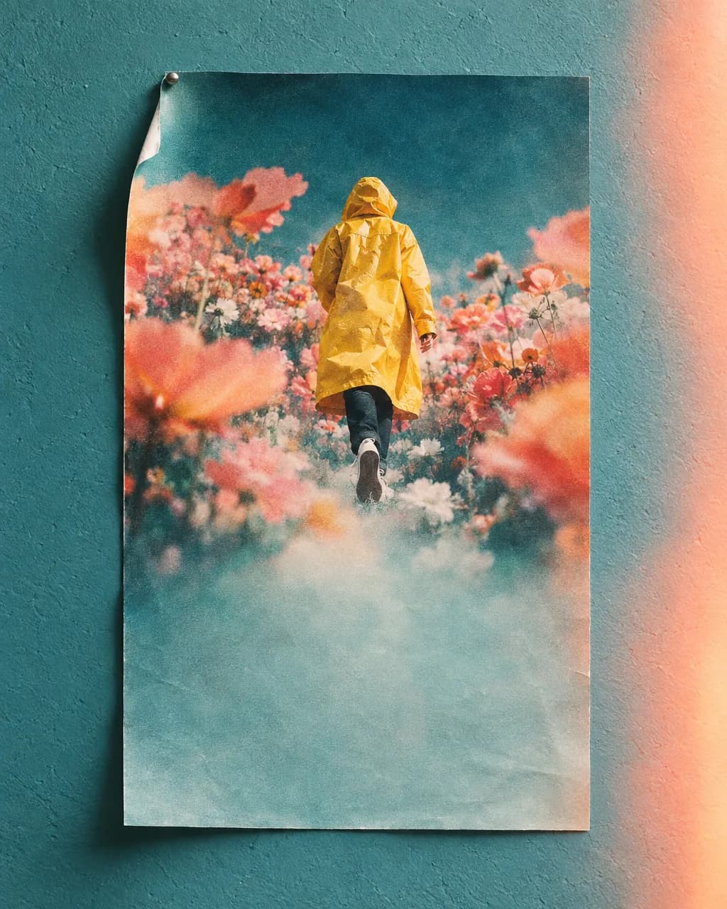 Pinned concert poster of a yellow raincoat figure walking through bloom