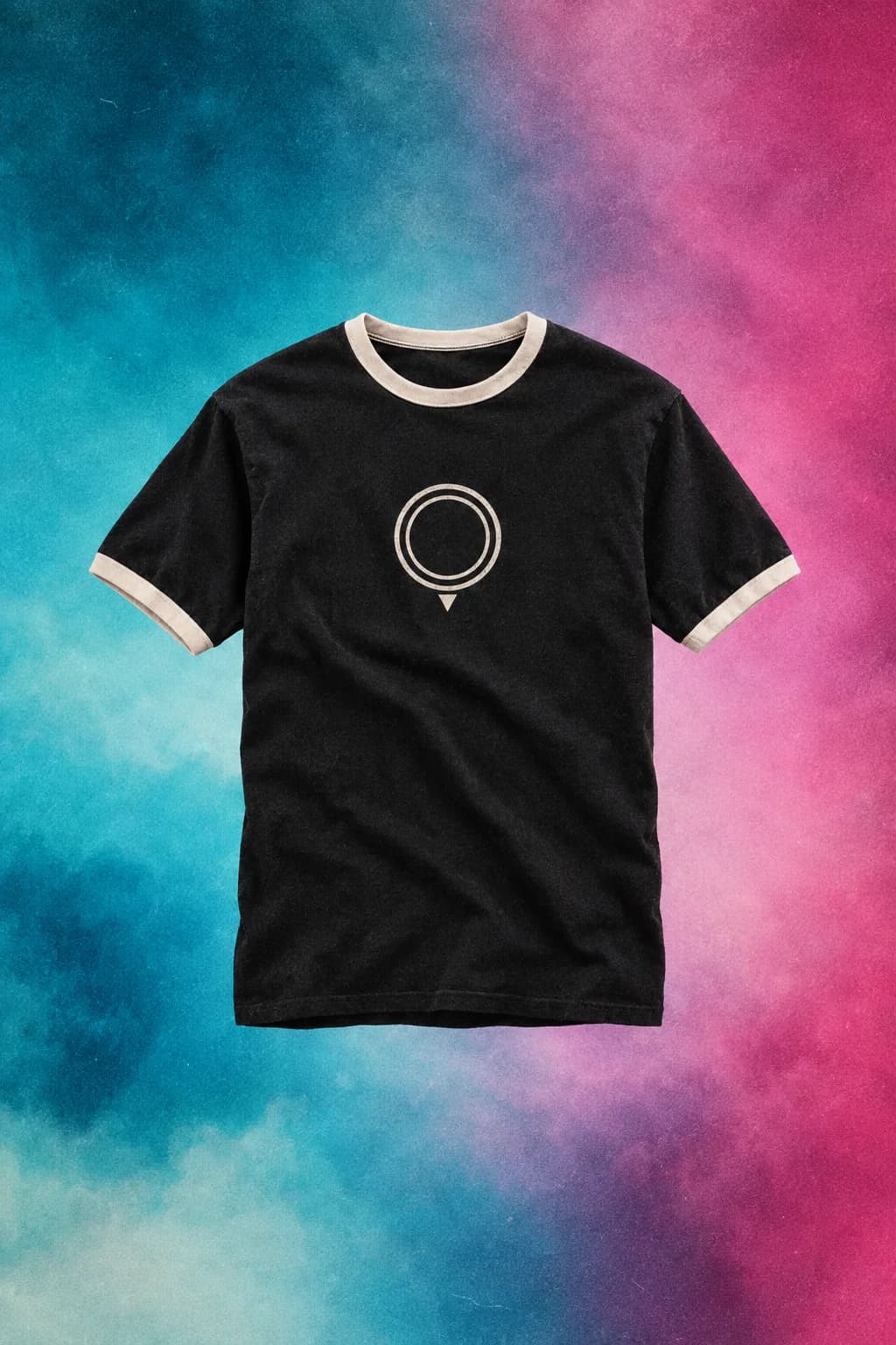 Black ringer tee with a nested-ring map-pin logo on a cyan-to-magenta gradient