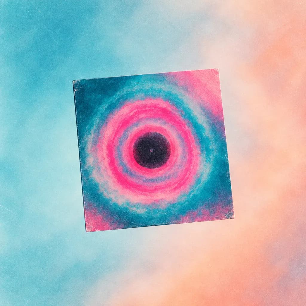 Square album sleeve with concentric pink and cyan rings on a peach wash