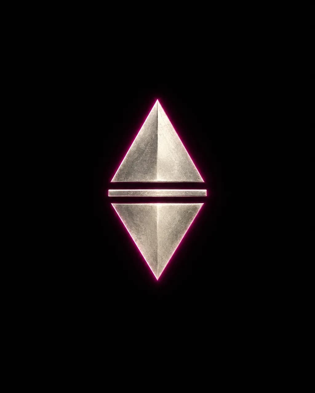 Metallic split-diamond band logo with magenta rim light on a black field