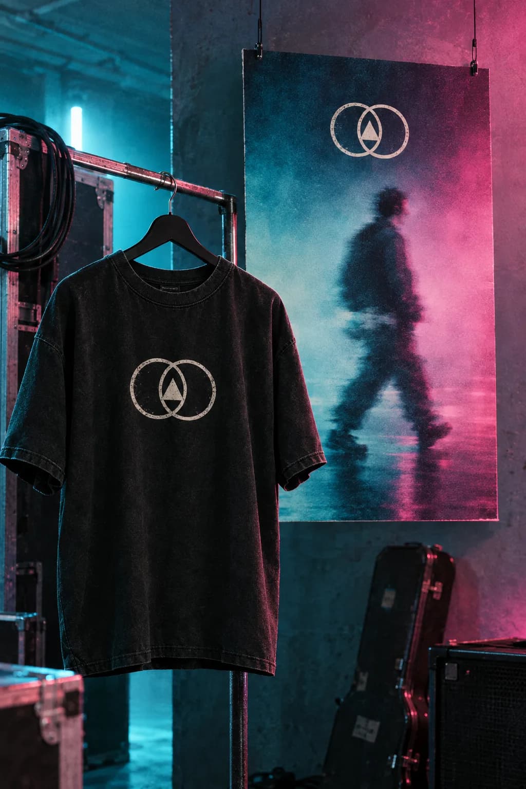 Black band tee on a hanger in front of a hanging concert poster, shared twin-ring logo