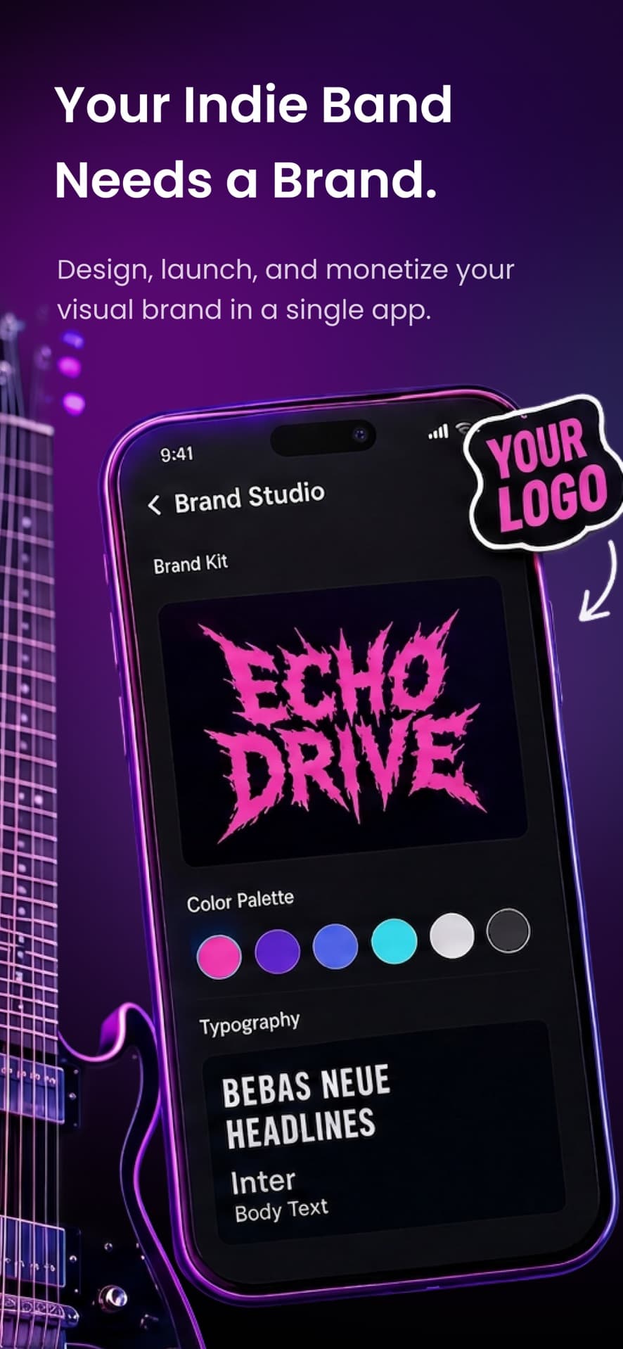 Backstage AI App Store screenshot: Brand studio with a band logo, color palette, and typography