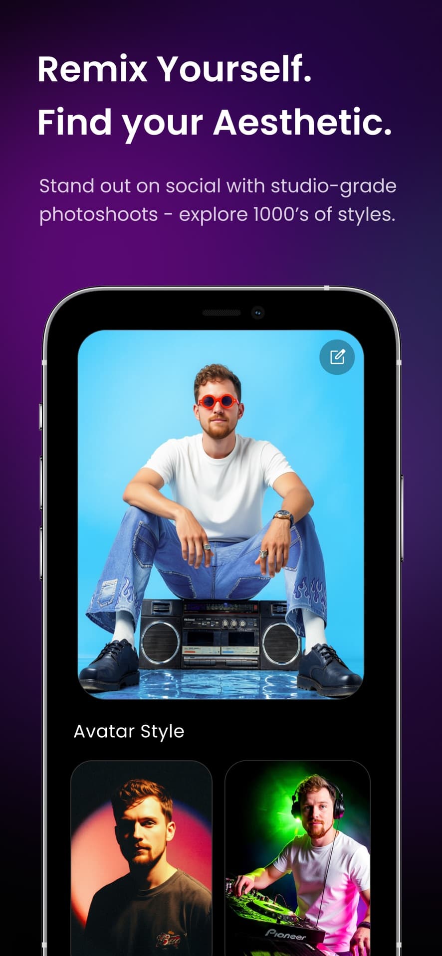 Backstage AI App Store screenshot: Avatar studio with styled photoshoot looks