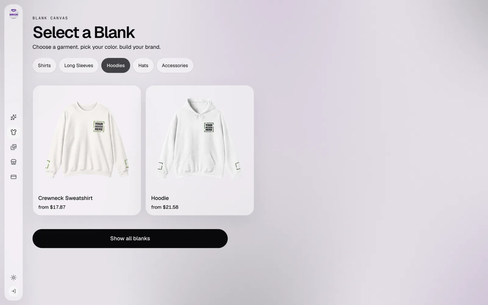 Garment catalog filtered to Hoodies — screenshot