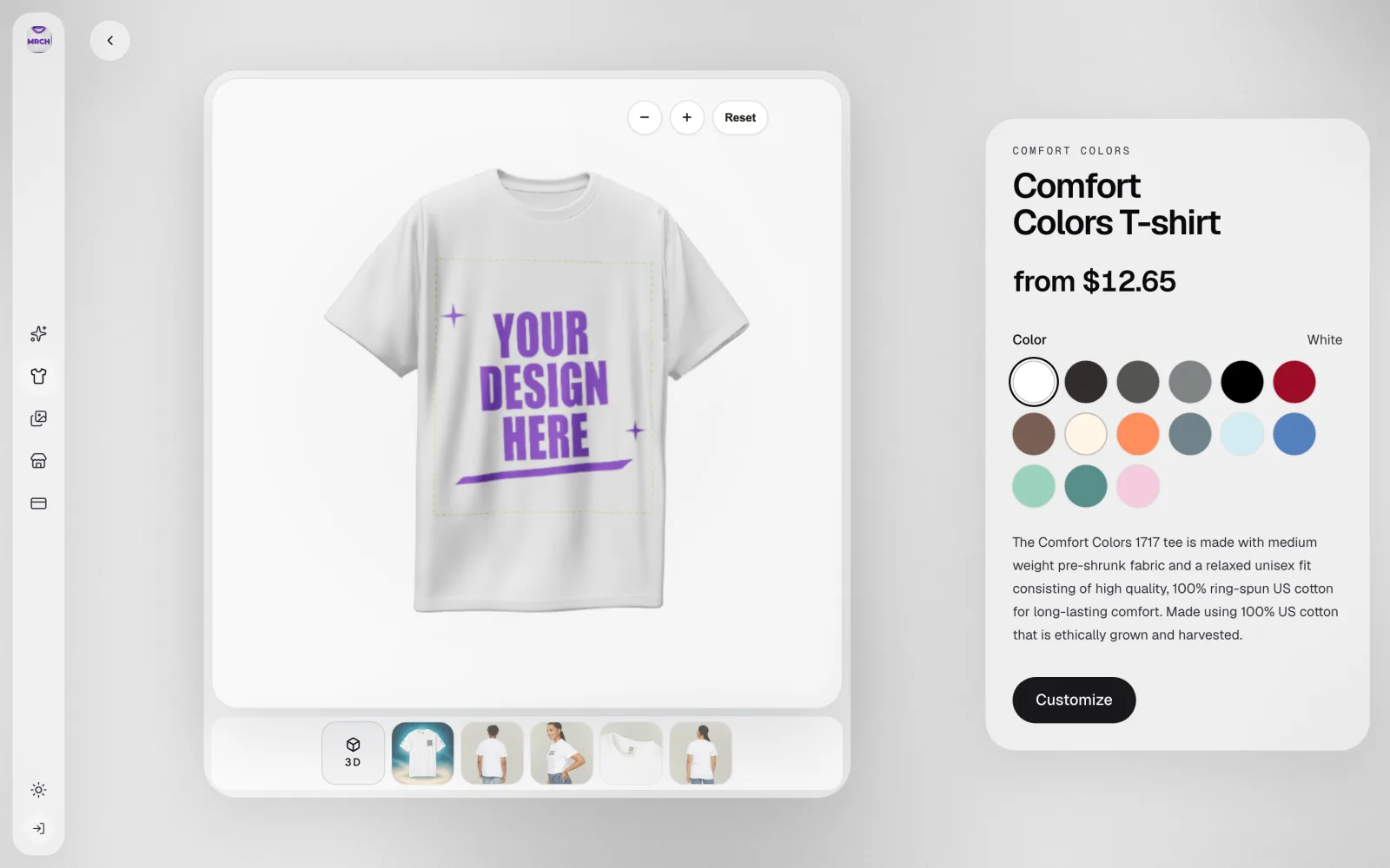 Comfort Colors T-shirt detail page showing fifteen color swatches and a from-price — screenshot