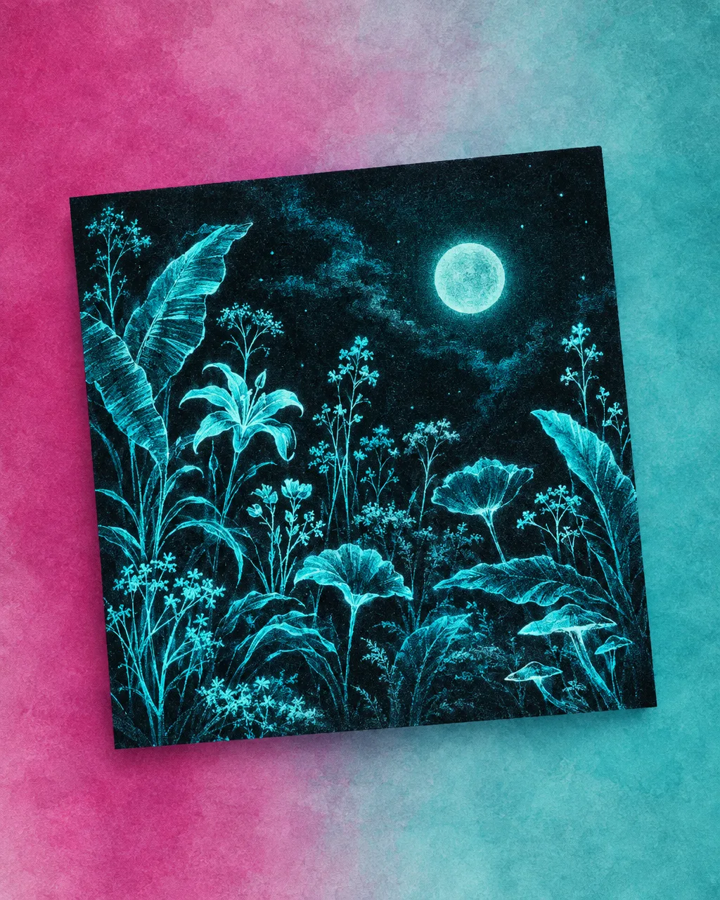 Illustrated album cover of a cyan night garden under a full moon