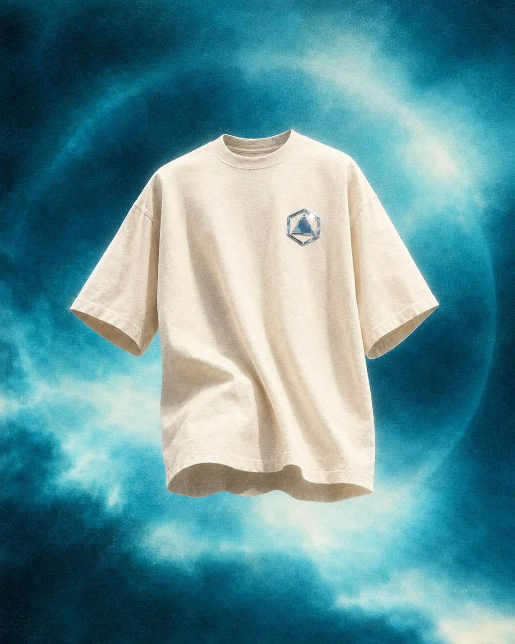 Cream oversized tee with a chrome hexagon-and-triangle logo on a cyan wash