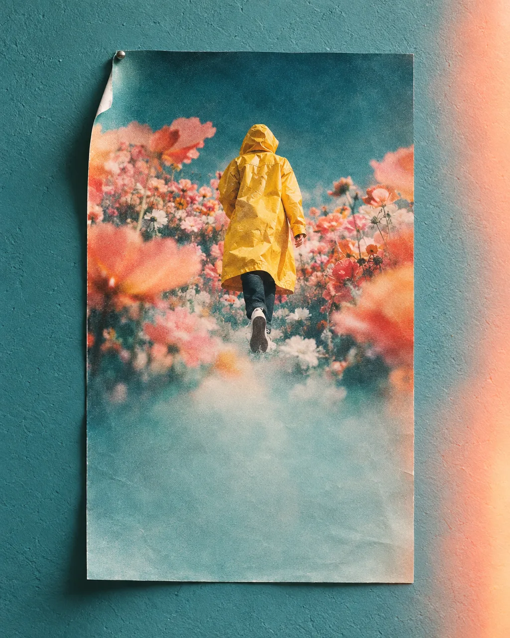 Pinned concert poster of a yellow raincoat figure walking through bloom
