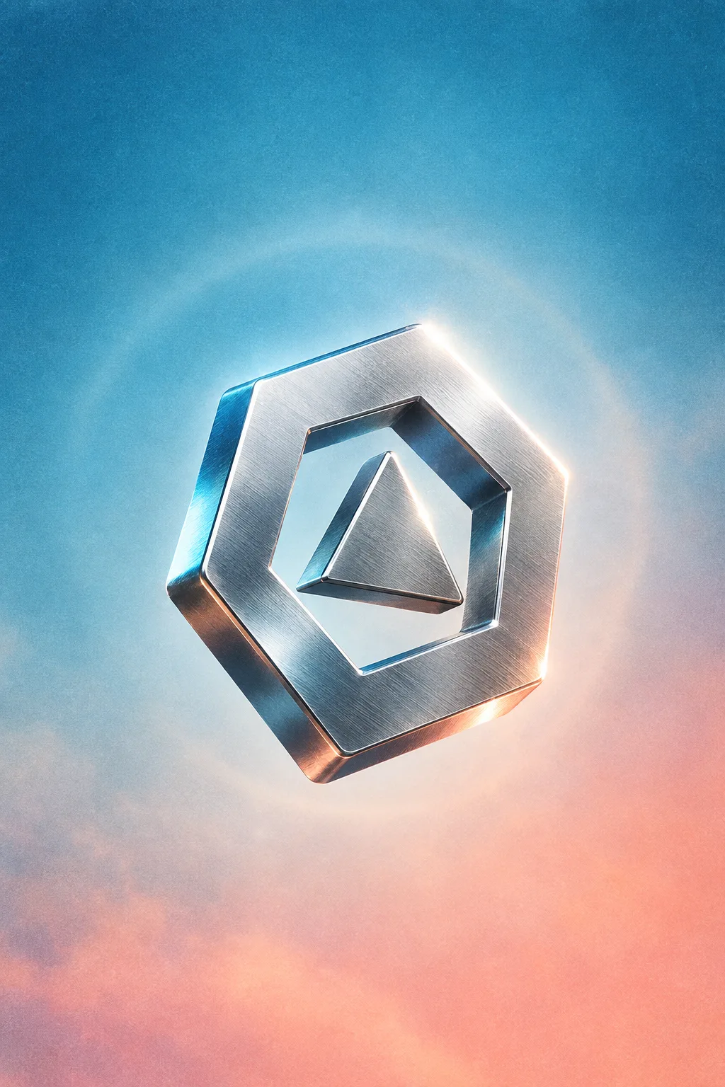 Brushed chrome hexagon seal with an inner triangle floating on ice-blue and peach sky