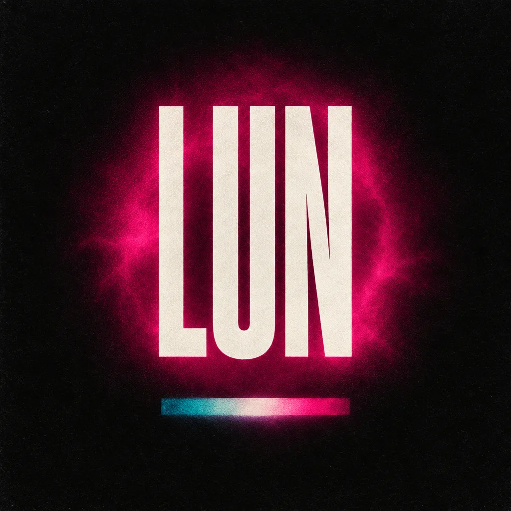 Typographic square cover with the letters LUN on a black field and magenta aura