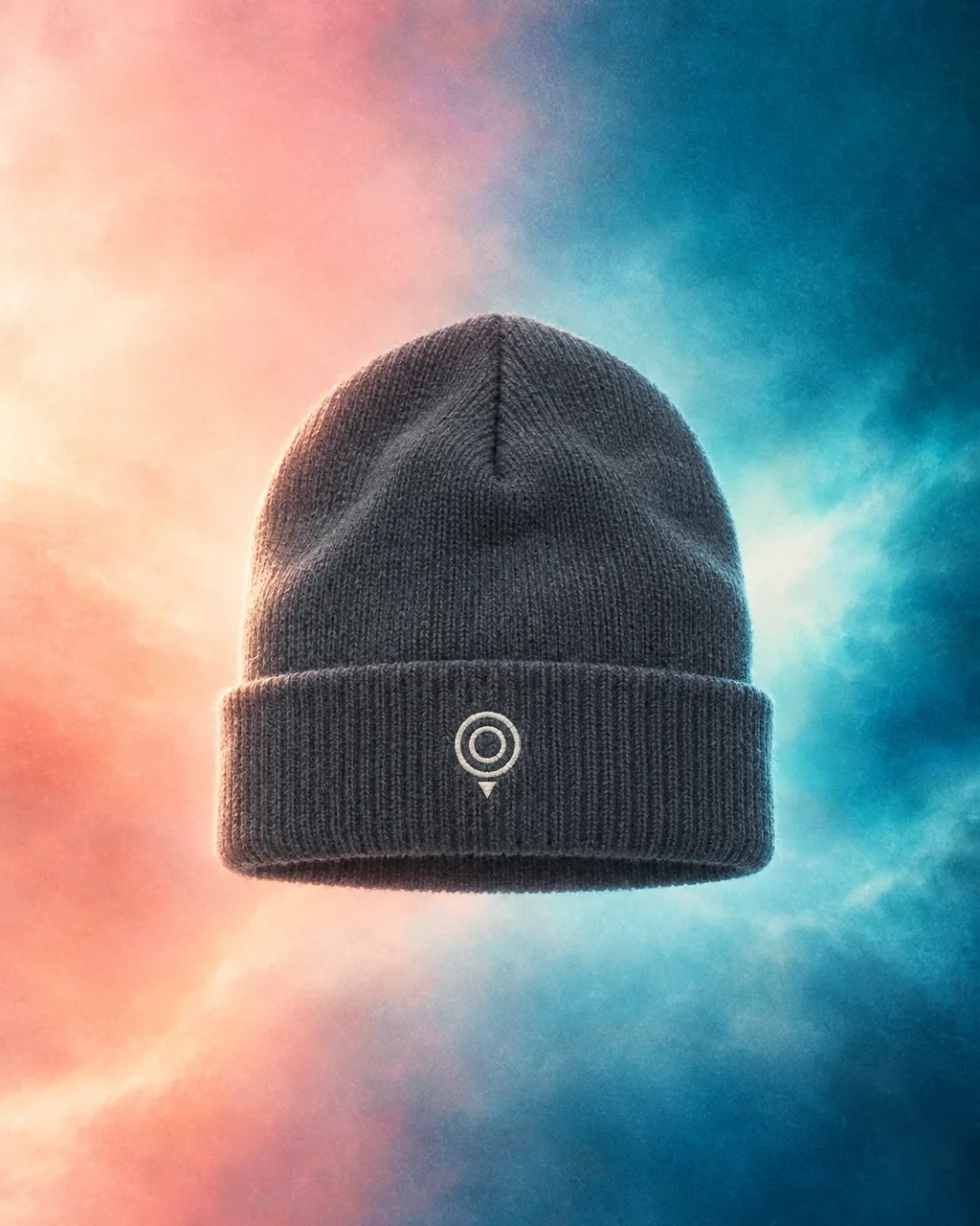 Slate-grey beanie with the nested-ring map-pin logo on a peach-cyan field