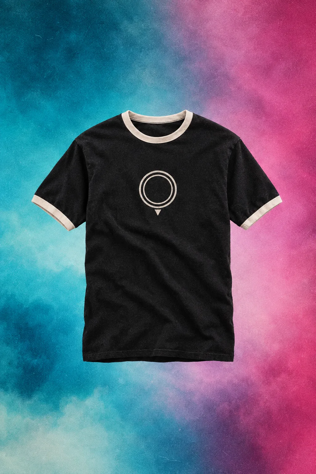 Black ringer tee with a nested-ring map-pin logo on a cyan-to-magenta gradient