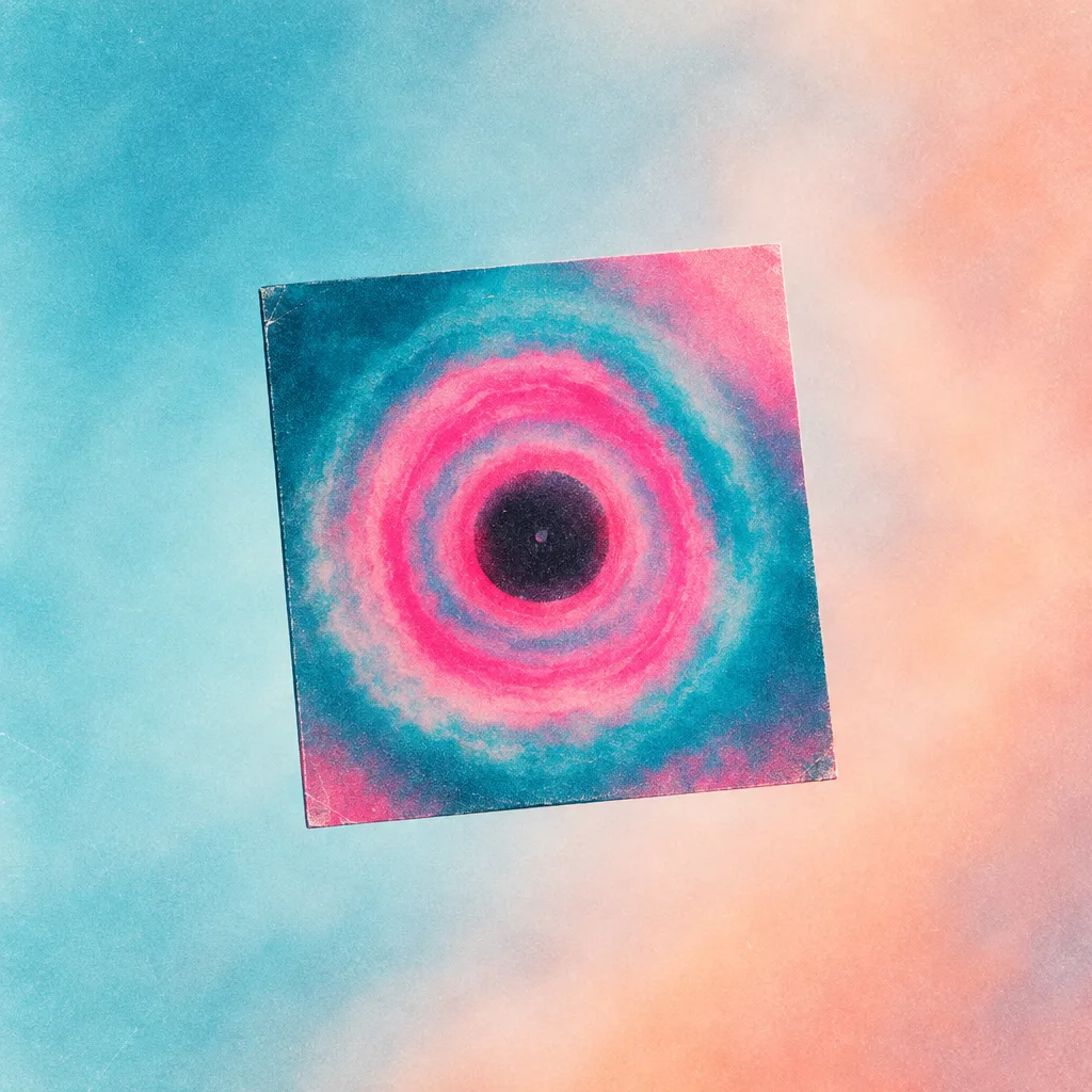 Square album sleeve with concentric pink and cyan rings on a peach wash