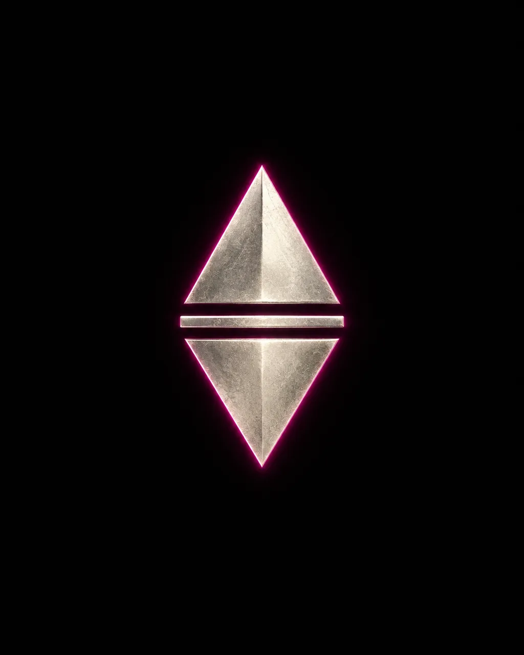 Metallic split-diamond band logo with magenta rim light on a black field