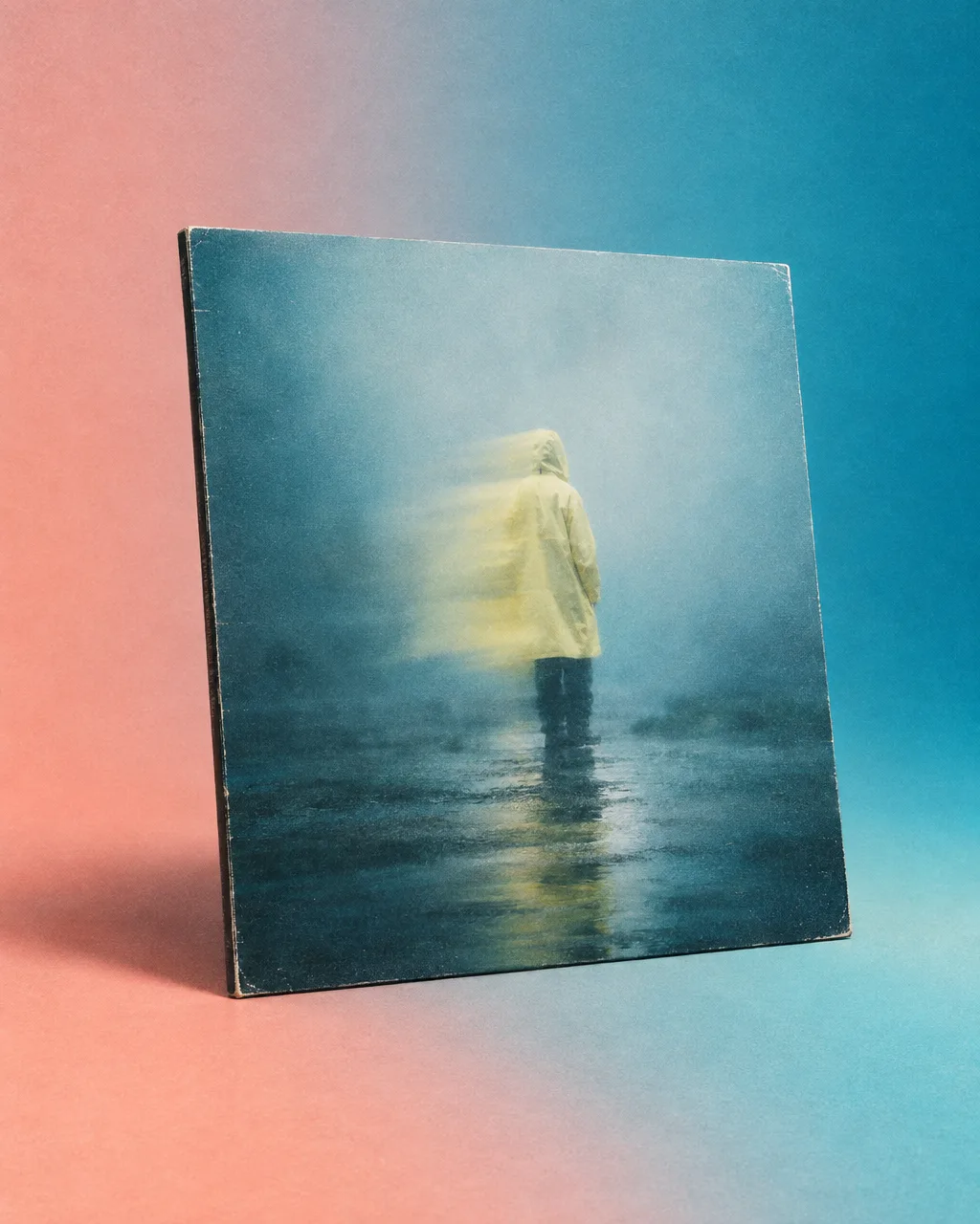 Leaning album sleeve of a yellow raincoat figure in fog on a peach-cyan field