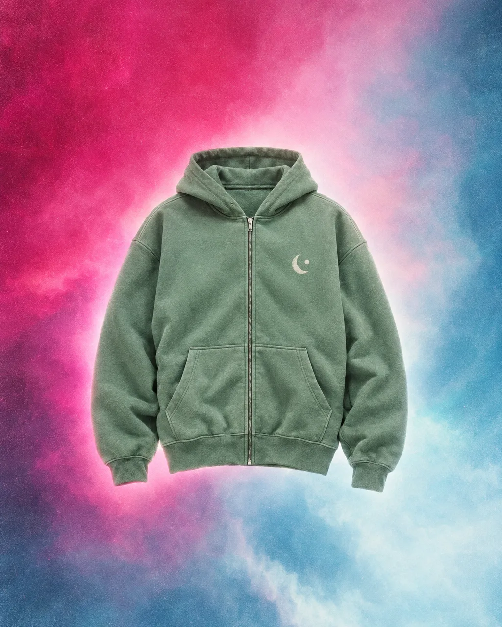 Sage zip hoodie with a crescent chest logo on a pink-to-cyan gradient