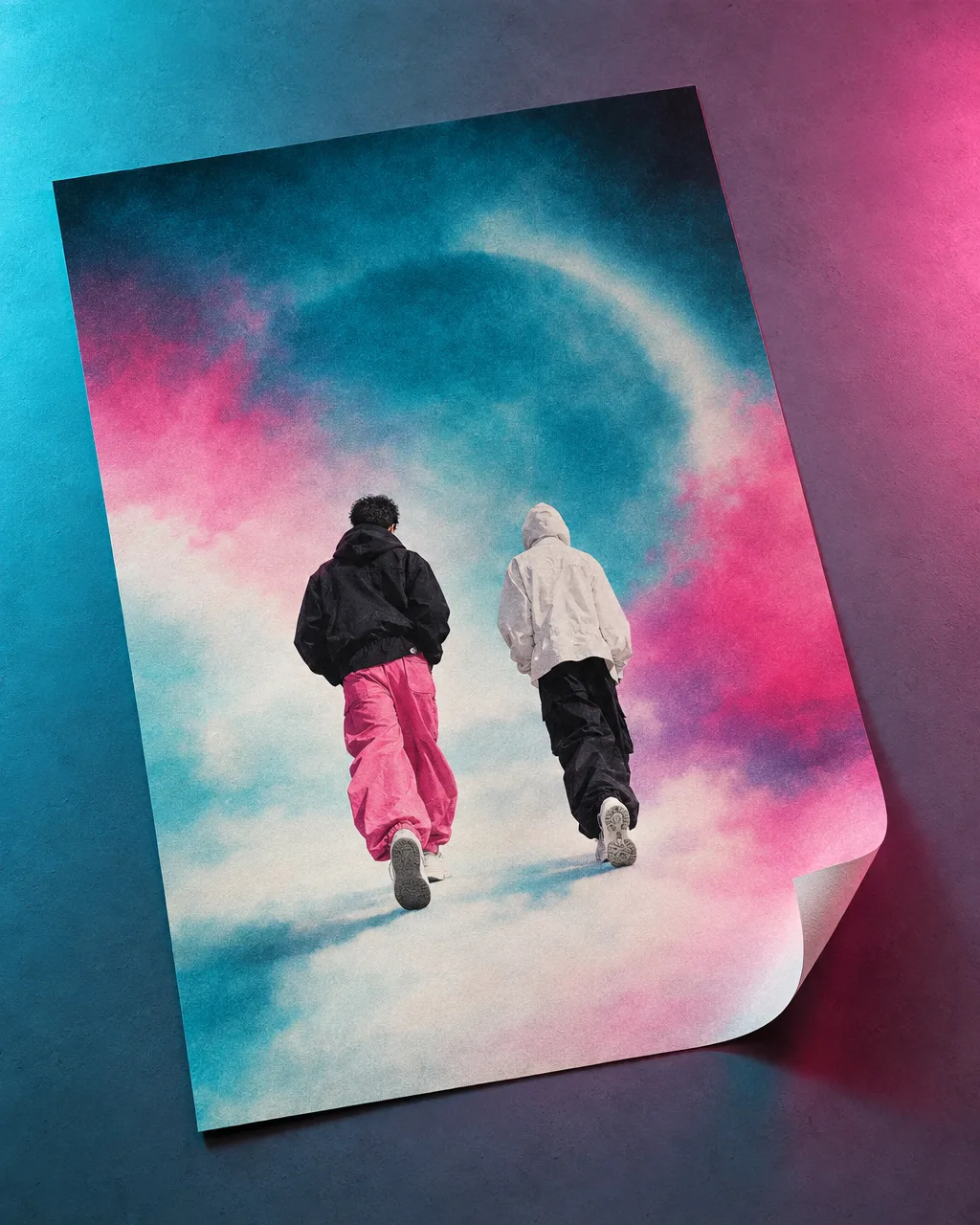 Unrolled concert poster on a studio table with two figures walking a color-field sky