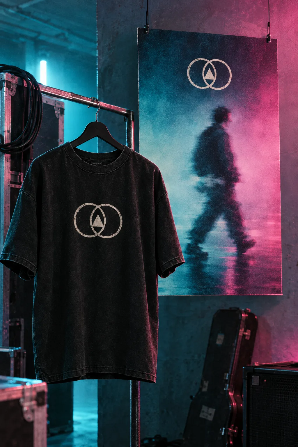 Black band tee on a hanger in front of a hanging concert poster, shared twin-ring logo