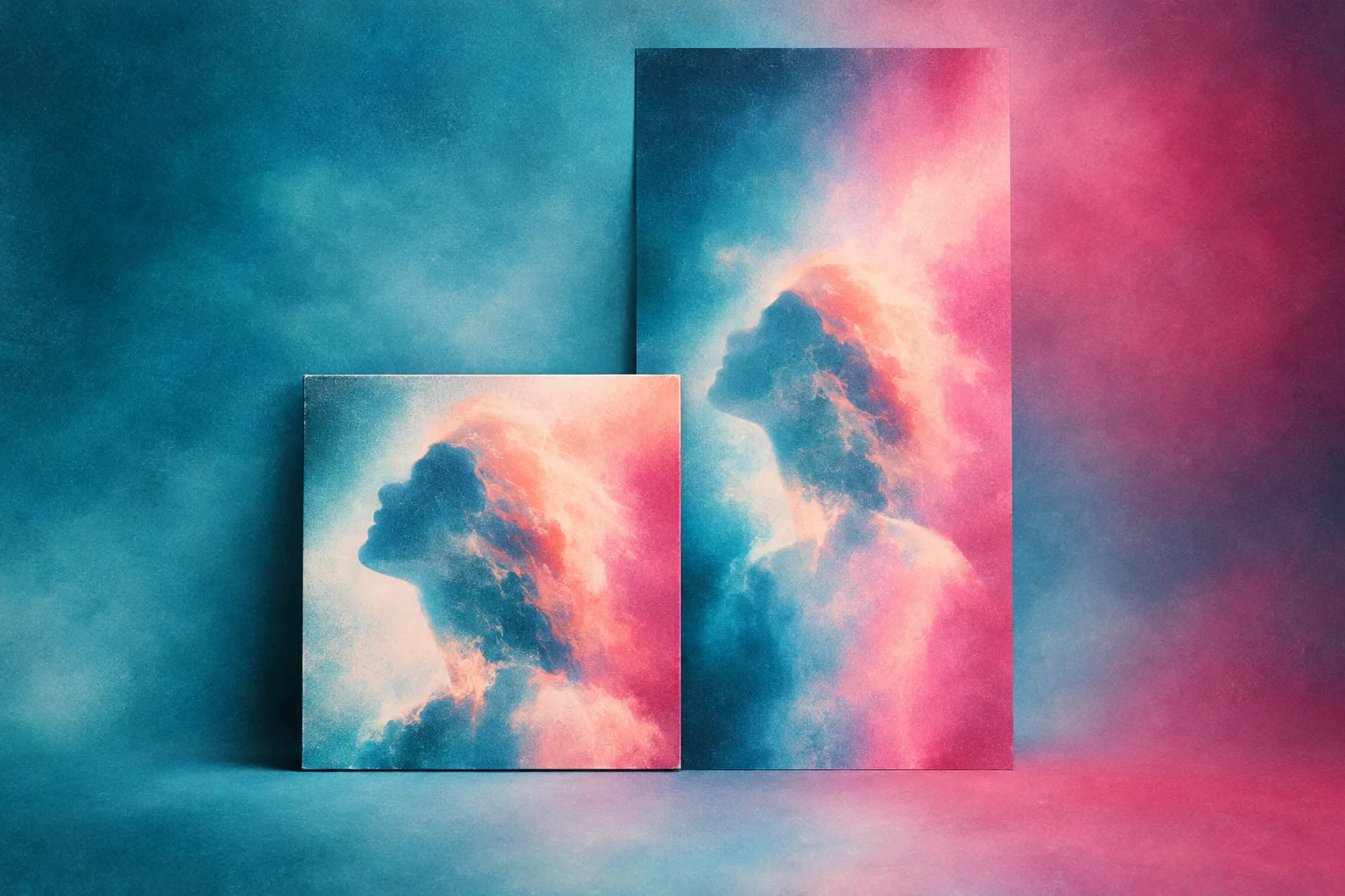 Square album sleeve beside a matching vertical poster, both with an abstract silhouette