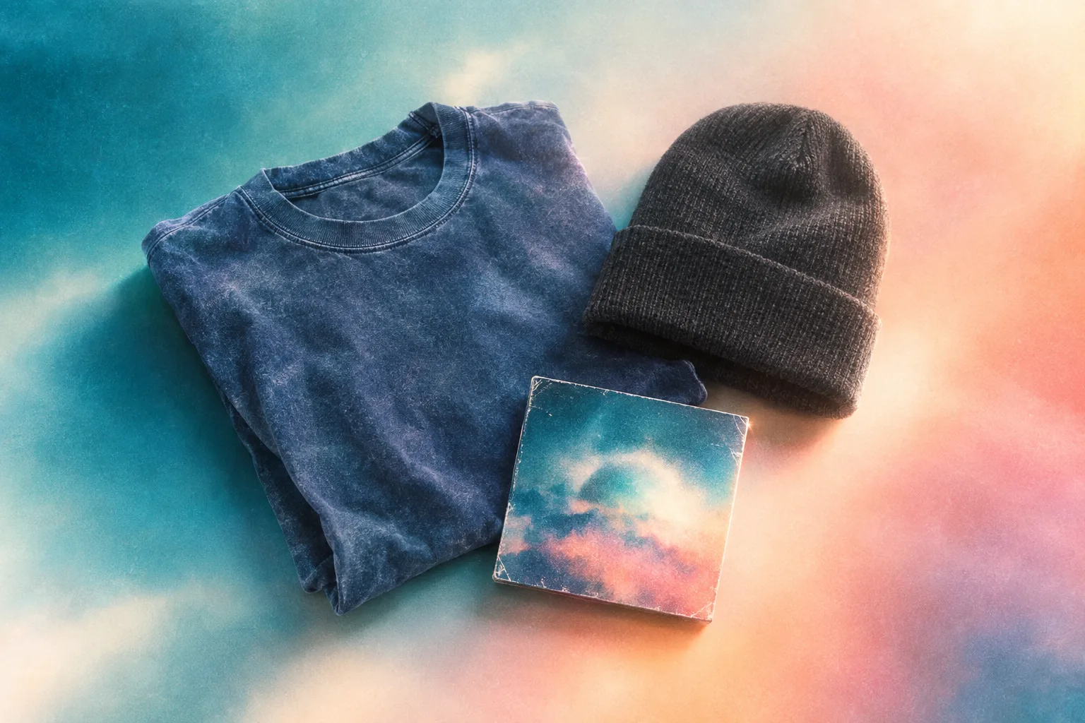 Folded indigo tee, charcoal beanie, and a small square print on an aqua-peach wash