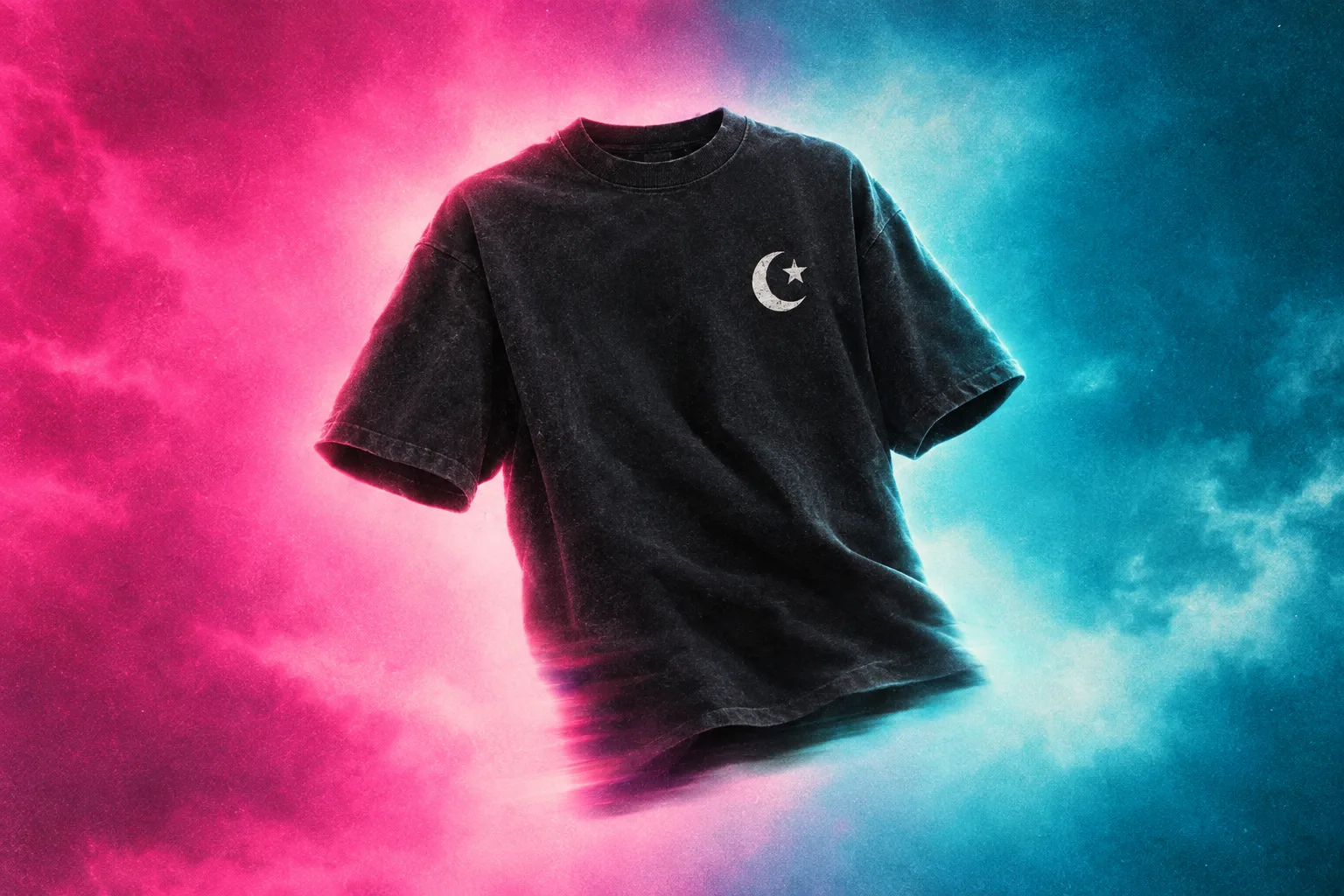 Black band t-shirt with a small crescent-and-star logo, motion smear, on a pink-to-cyan bloom