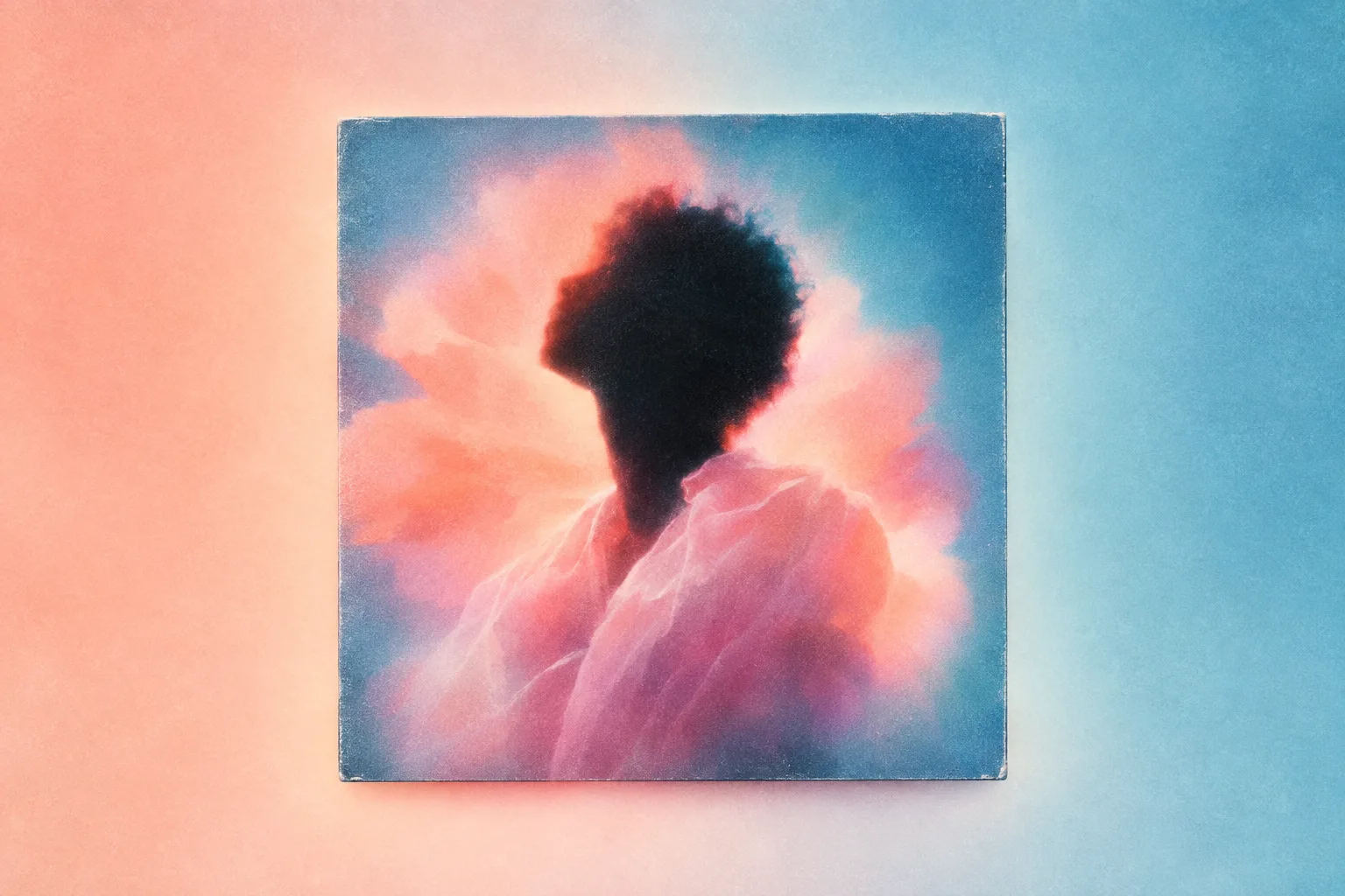 Square album sleeve with a silhouetted portrait in peach and ice-blue bloom