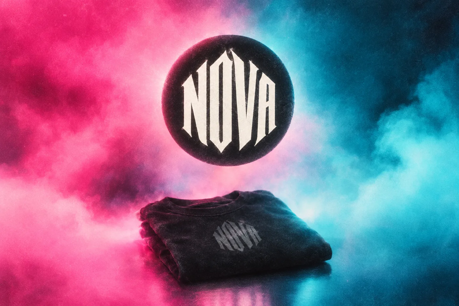 Circular NOVA logo badge floating above a folded black tee with the same logo
