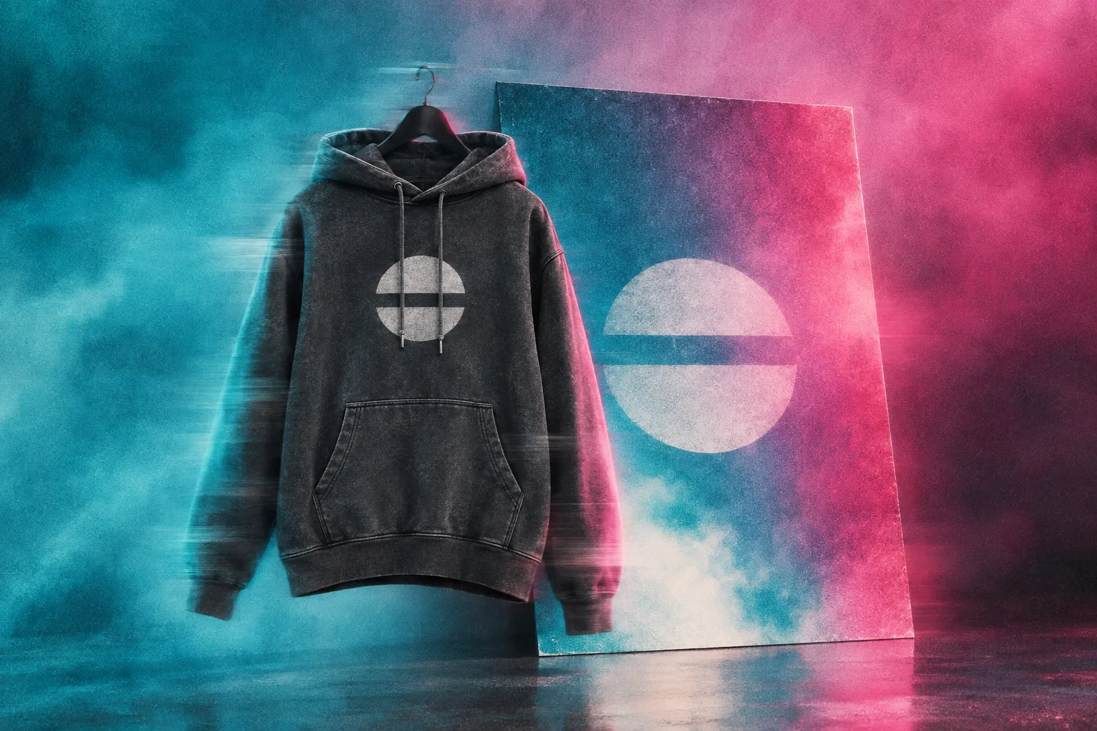 Charcoal tour hoodie hanging in front of a matching circle-bar poster