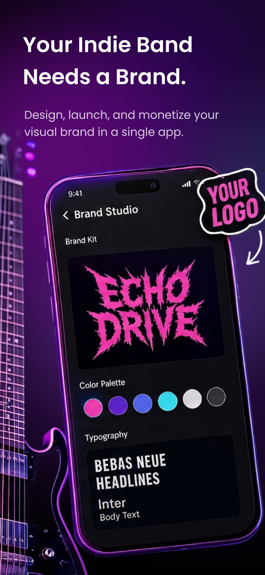 Backstage AI App Store screenshot: Brand studio with a band logo, color palette, and typography