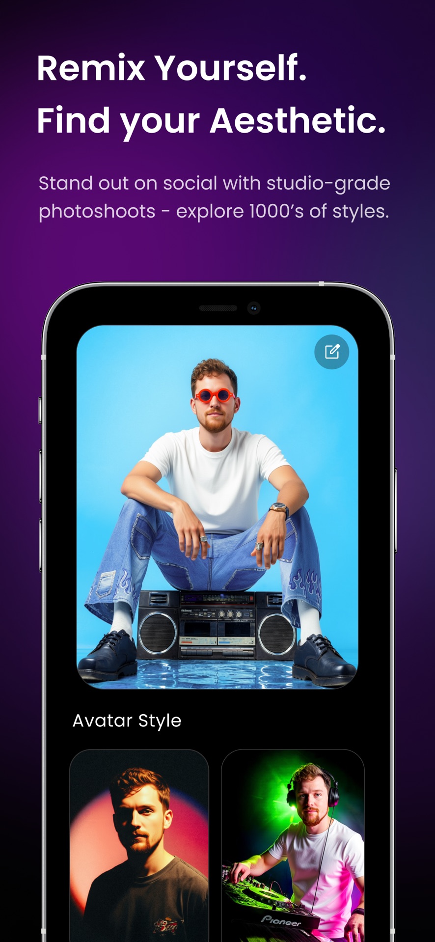 Backstage AI App Store screenshot: Avatar studio with styled photoshoot looks