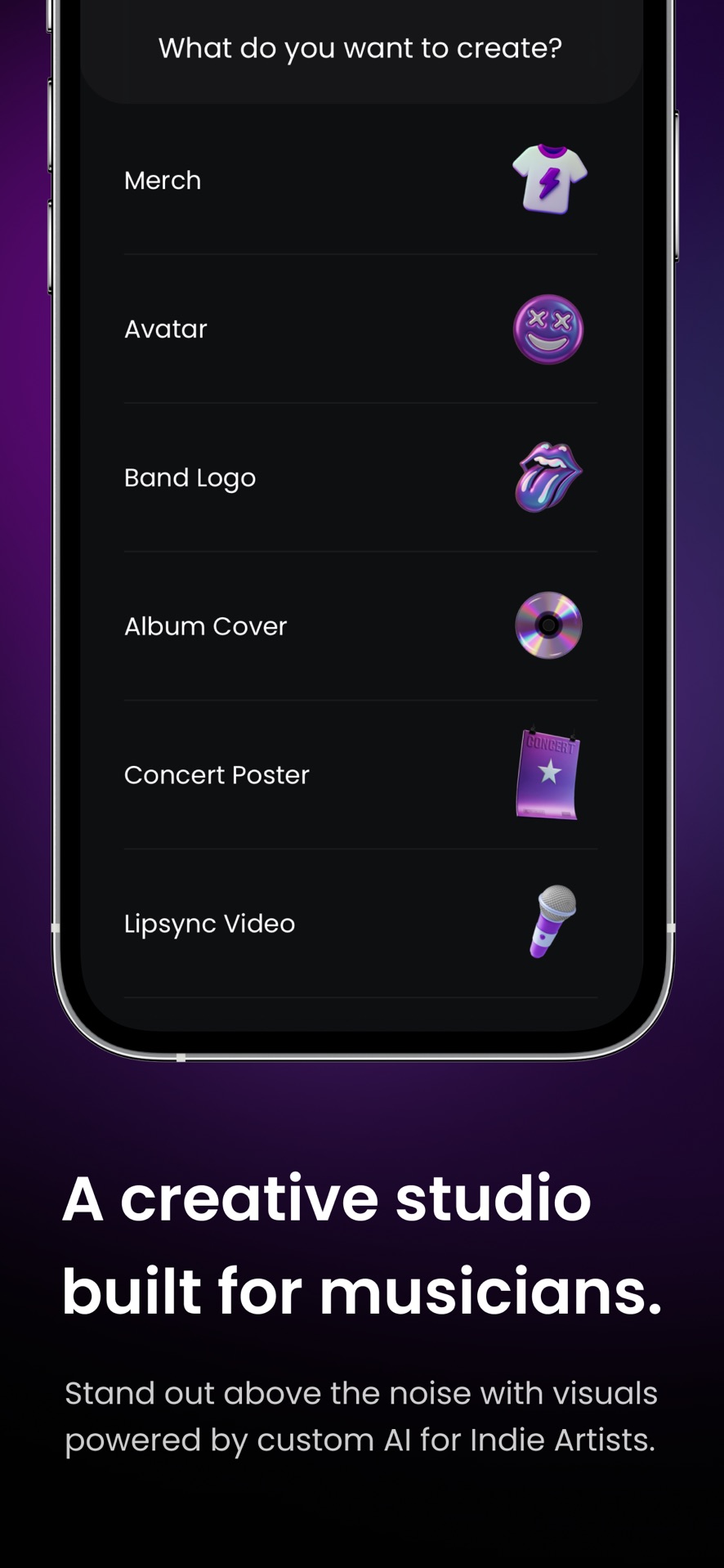 Backstage AI App Store screenshot: Create merch, avatars, logos, album covers, posters, and lipsync video