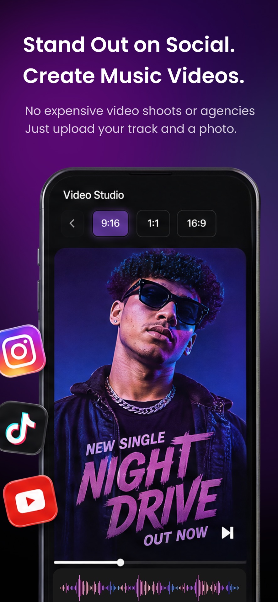 Backstage AI App Store screenshot: Video studio for music videos in 9:16, 1:1, and 16:9