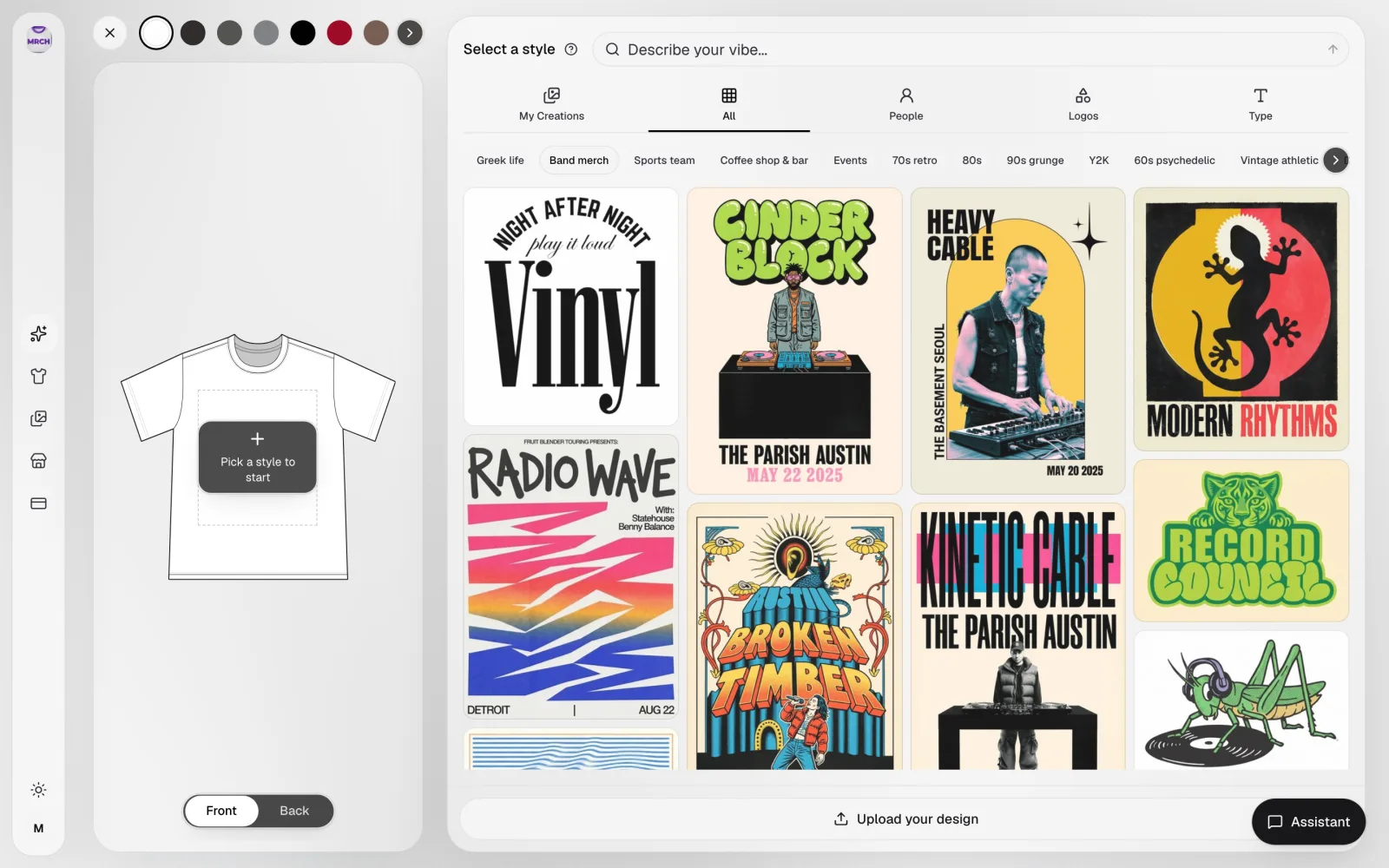 Backstage AI merch canvas with the Band merch style category open, showing gig-poster style tiles over a blank tee print area