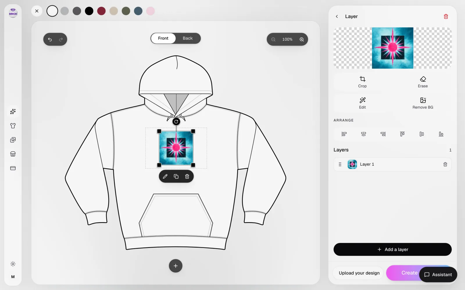 Backstage AI merch canvas showing a design applied to the hoodie print area, sitting on the chest above the kangaroo pocket
