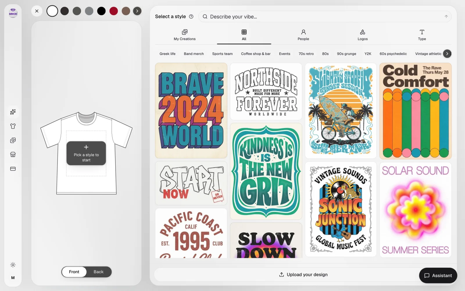 Backstage AI merch canvas on a blank white tee, showing the dashed print-area box and the style category grid with Upload your design and Assistant options