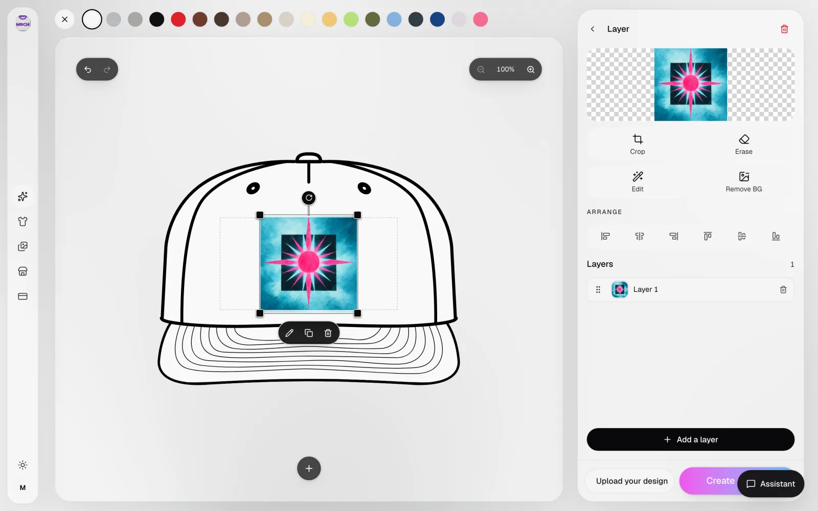 Backstage AI merch canvas with a square design placed on a Surf Cap's short, wide print-area strip, sized to the strip's height but too narrow to use its full width