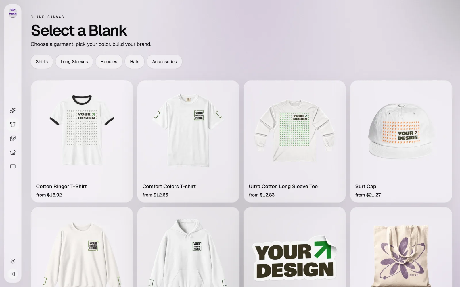 The Select a Blank catalogue grid on sellmerch.ai with category filters for Shirts, Long Sleeves, Hoodies, Hats, and Accessories, and real blanks with from-prices